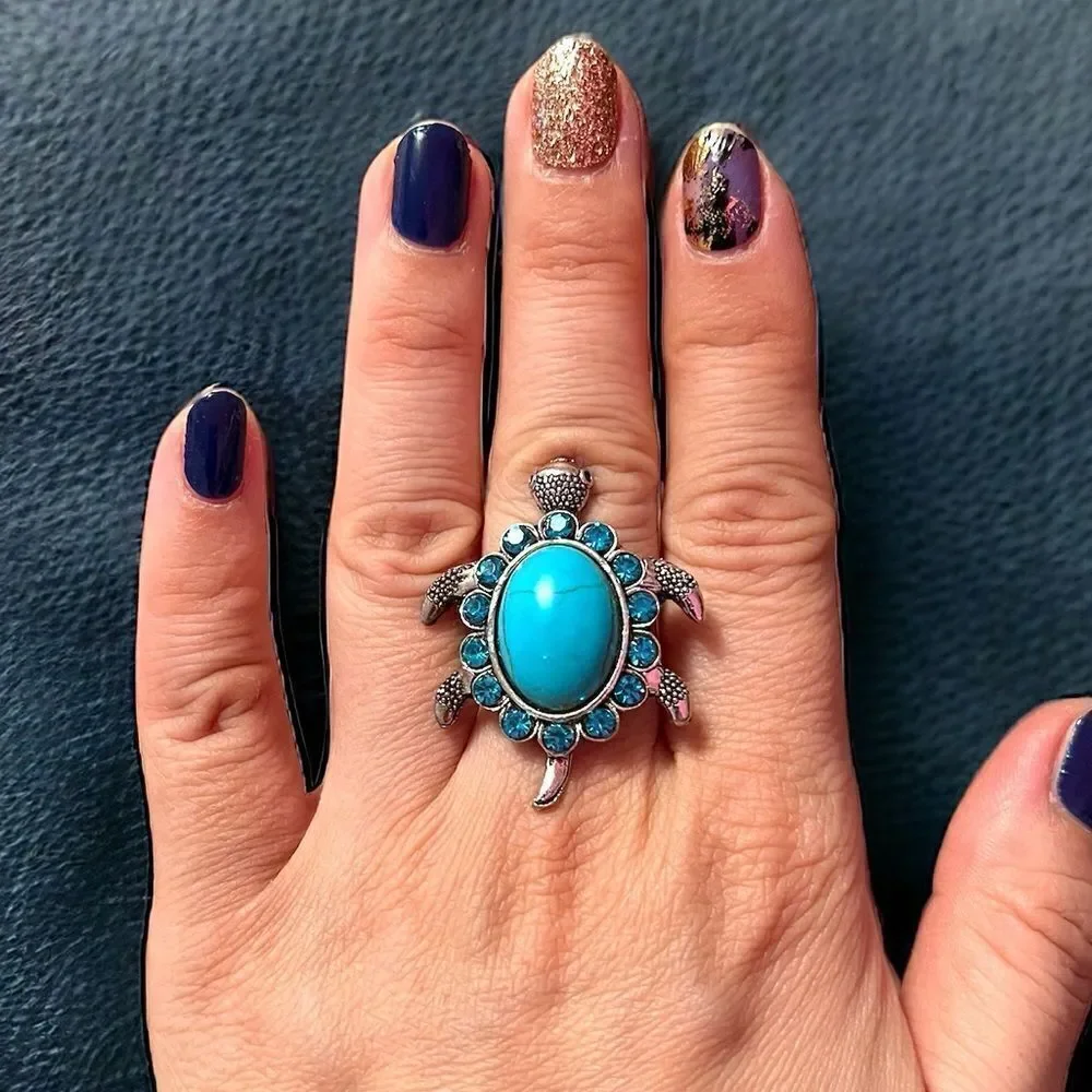 Turquoise And Blue Rhinestone Turtle Silver Tone Adjustable Ring